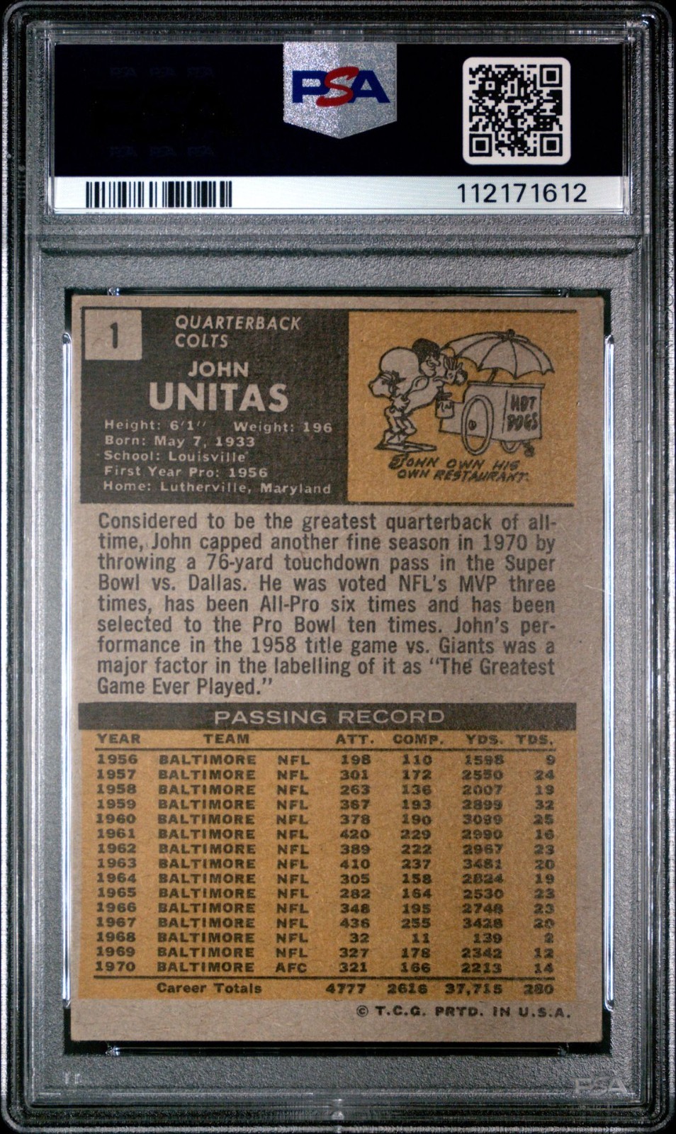 JOHN UNITAS 1971 Topps #1 PSA 3 ++ Great Eye Appeal Vintage Legend HOF 👀🤯✅ view 2