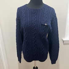 VTG Ralph Lauren Sweater Blue Wool Hand Knit Cable Fisherman Small with Pocket