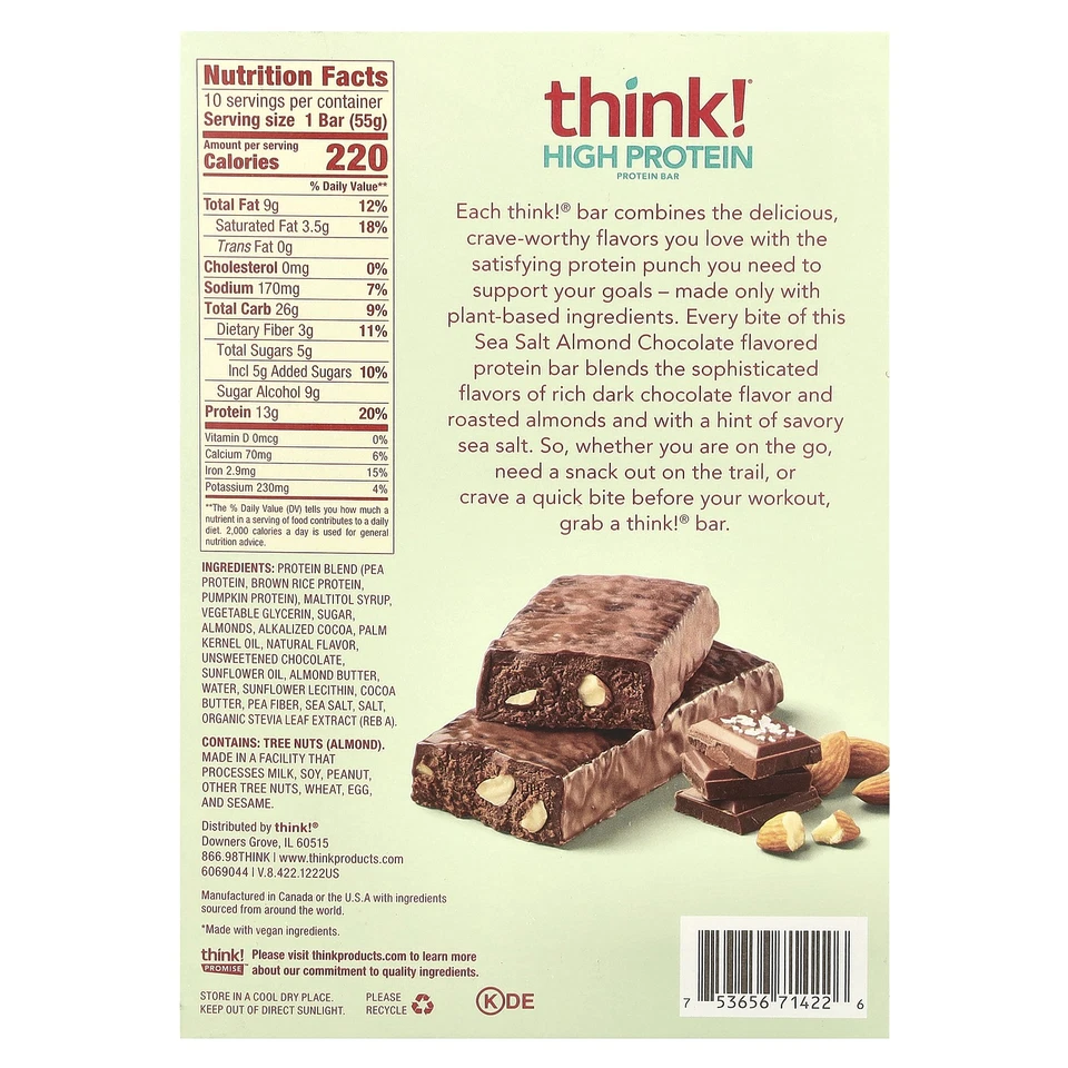 Plant Based High Protein Bars, Sea Salt Almond Chocolate, 10 Bars, 1.94 oz (55 - Image 2 of 4