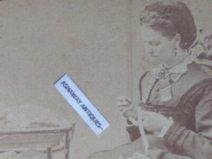 1870s SV Woman in VICTORIAN Dress SEWING Needlework with SEWING BASKET Stand