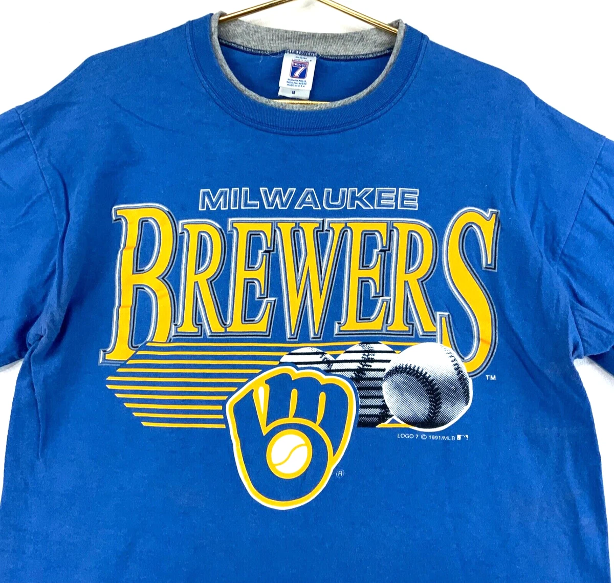 Vintage Milwaukee Brewers Logo 7 T-shirt Medium 1991 Blue Mlb Baseball 90s