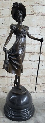 Art Deco Sculpture Victorian Lady Girl Woman Standing With Hat Bronze Statue