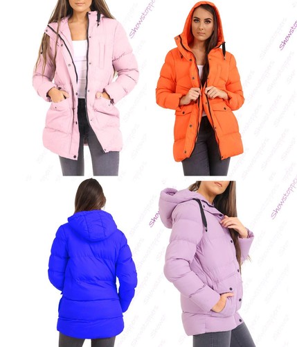 Womens Padded Coat Hooded Puffer Longline Parka Size 8 10 12 14 16 - Picture 1 of 19