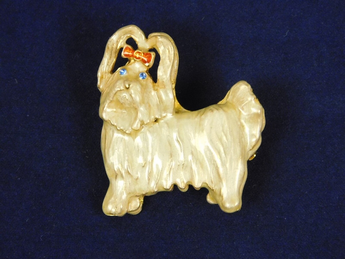 Gold Tone Enamel Female Yorkie Yorkshire Terrier Dog Pin Brooch Bow Blue  Eyes