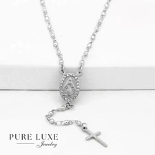 18" Stainless Steel Beaded Rosary VIRGIN MARY.JESUS CROSS,Necklace Unisex*BOX