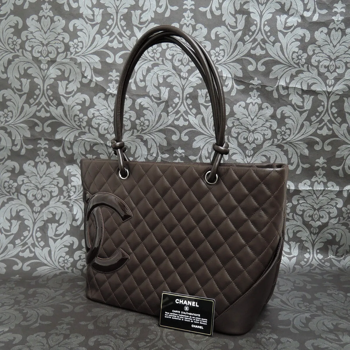 CHANEL Calf Leather Cambon Ligne Brown Quilted Tote Bag Handbag #2504  Rise-on