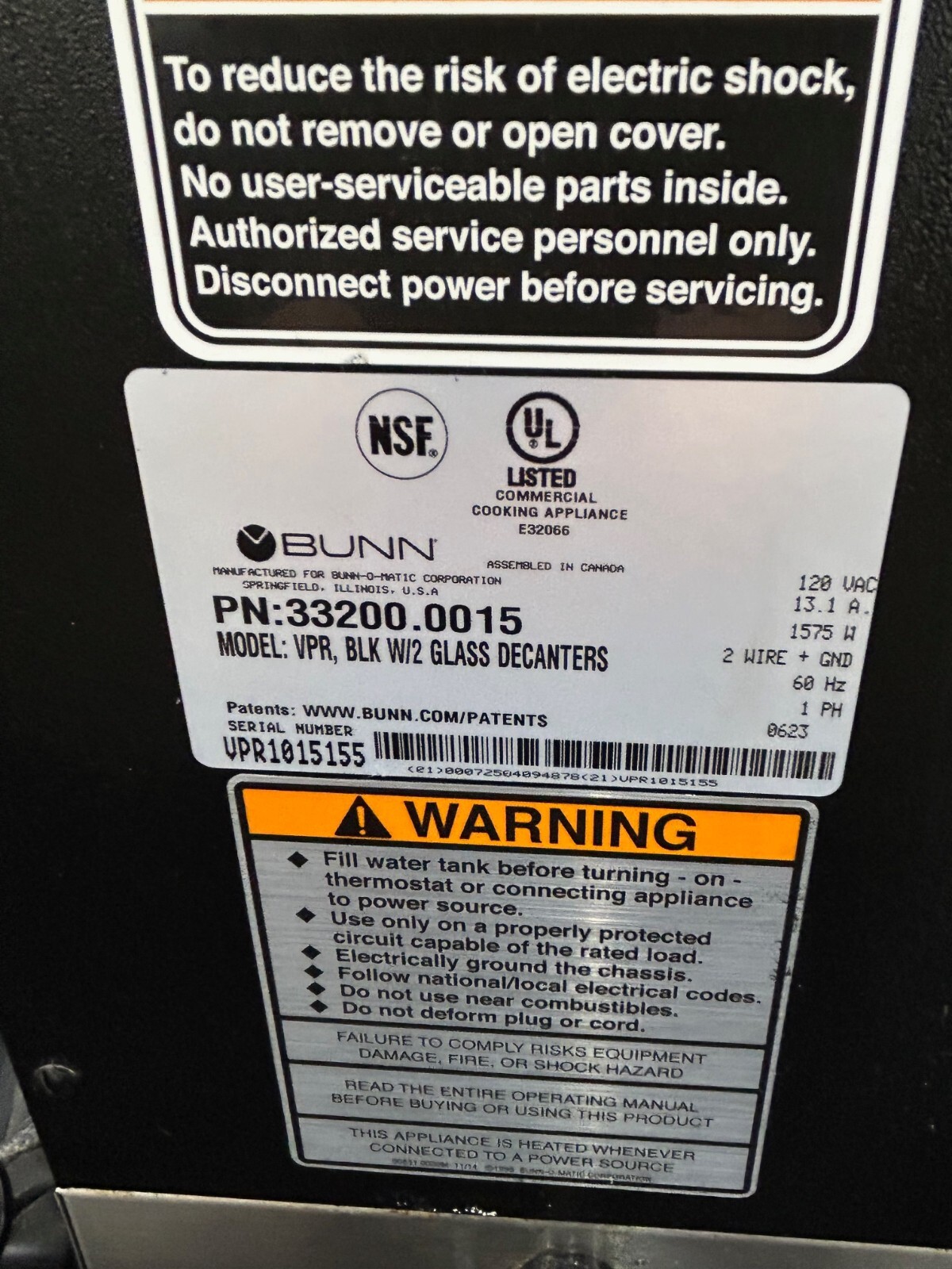 Bunn VPR Med. Vol. Decanter Coffee Maker - Pourover, 3 4/5 Gal/Hr. 120v Working!