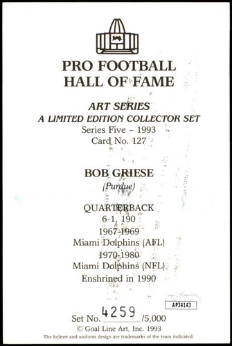 Bob Griese Autographed Signed 1989-97 Goal Line HOF #127 JSA Authentic - Picture 2 of 2