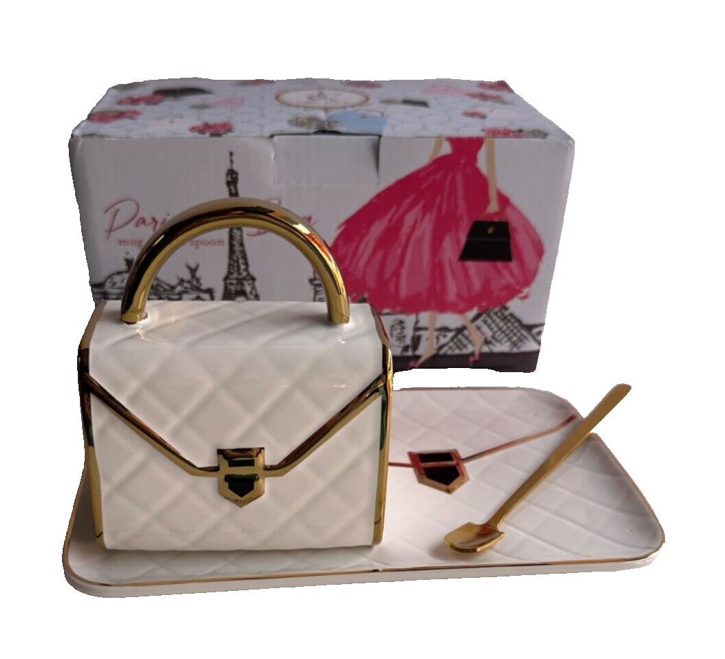 Handbag Style Creative Ceramic Tea Mug Set Golg Handle Glossy with Tray & Spoon-image