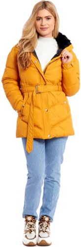 Damas Parka Amarillo Mostaza Piel Sintética Chaqueta Larga Niñas Abrigo Dorado Brillo - Imagen 7 de 7