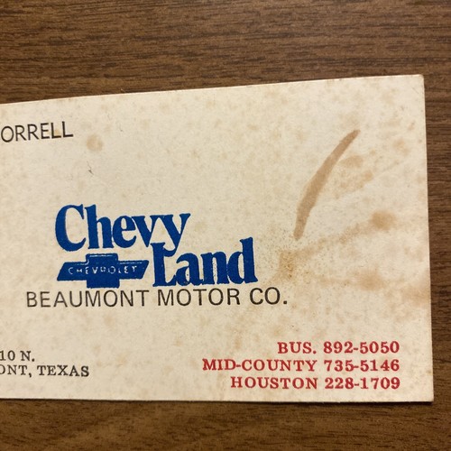 Vintage 1970s Chevy Land Chevrolet Beaumont Motor Co Business Card Texas TX P1H - Imagen 3 de 9