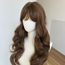 Long Wavy Medium brown Dress Up Wig With Fringe Synthetic Hair Heat Resistant