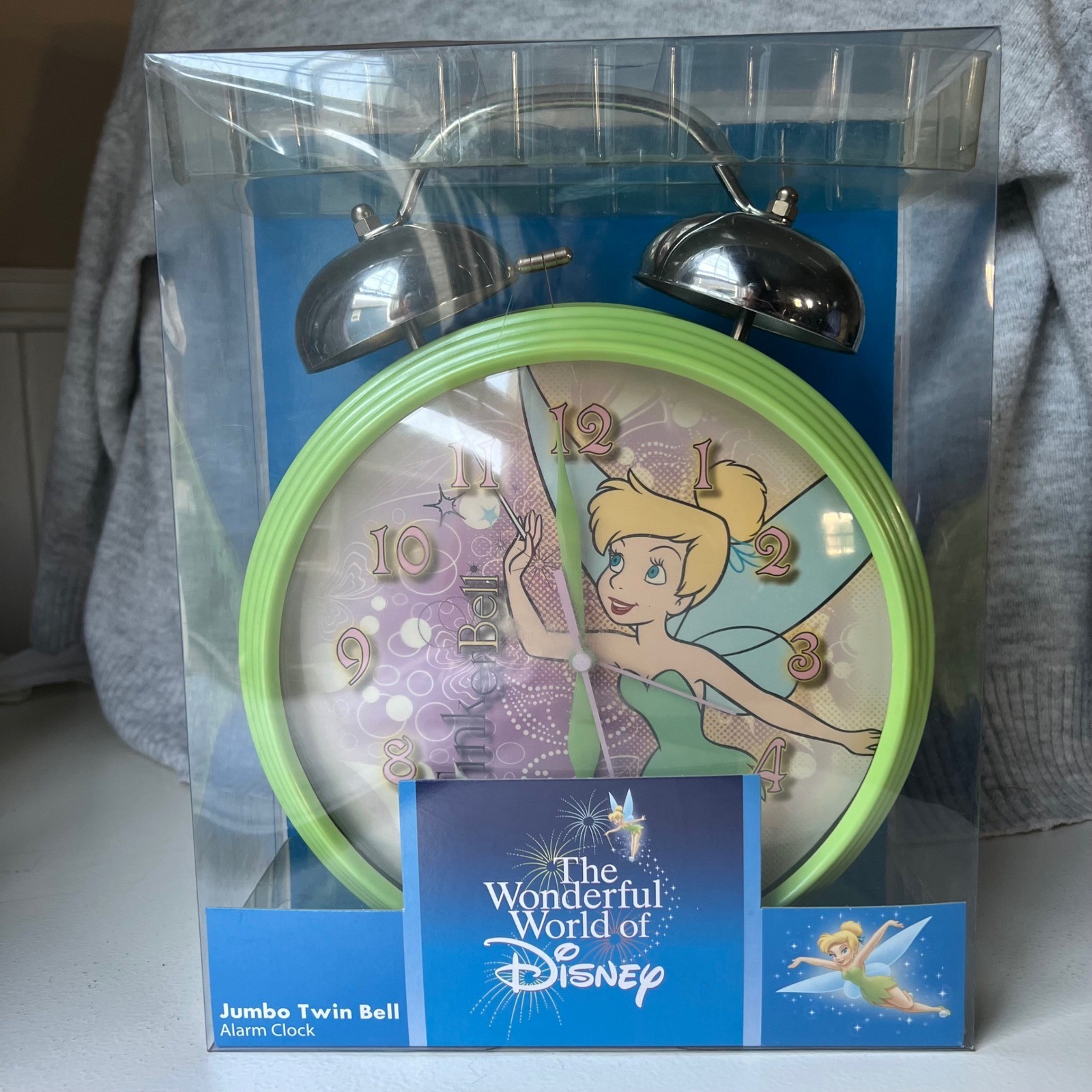 Disney Tinker Bell Jumbo 9" Twin Bell Alarm Clock Green Vintage Style Battery