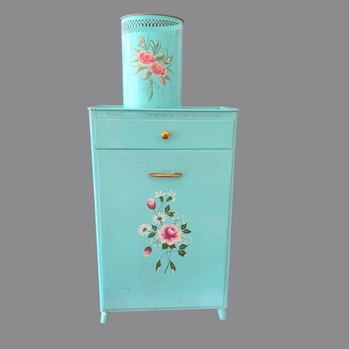 Vintage Detecto Laundry Hamper Trash Bin Metal Tin Teal Floral