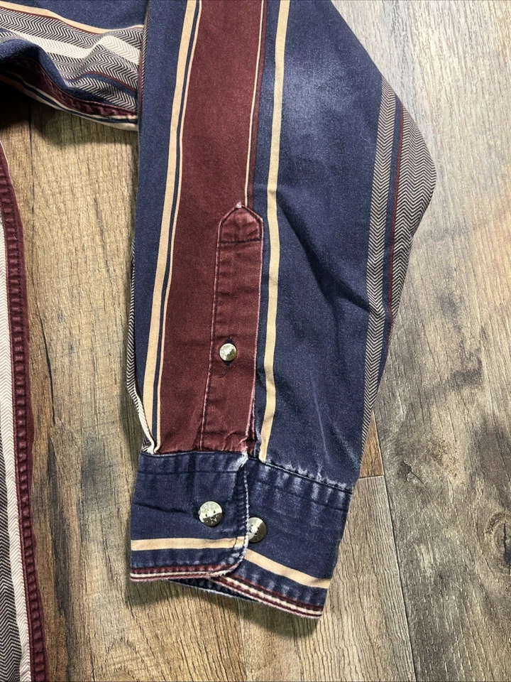 Vtg TRADER BAY 90s Large Vertical Stripe Blue Red Yellow Vintage Pocket Boxy. - Image 4 of 4