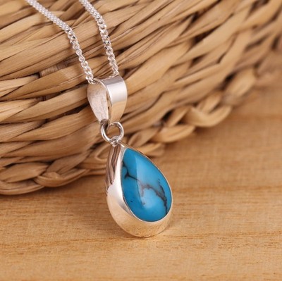 Massiver 925 Sterling Silber Blau Türkis Träne Anhänger Halskette Geschenk Verpackt