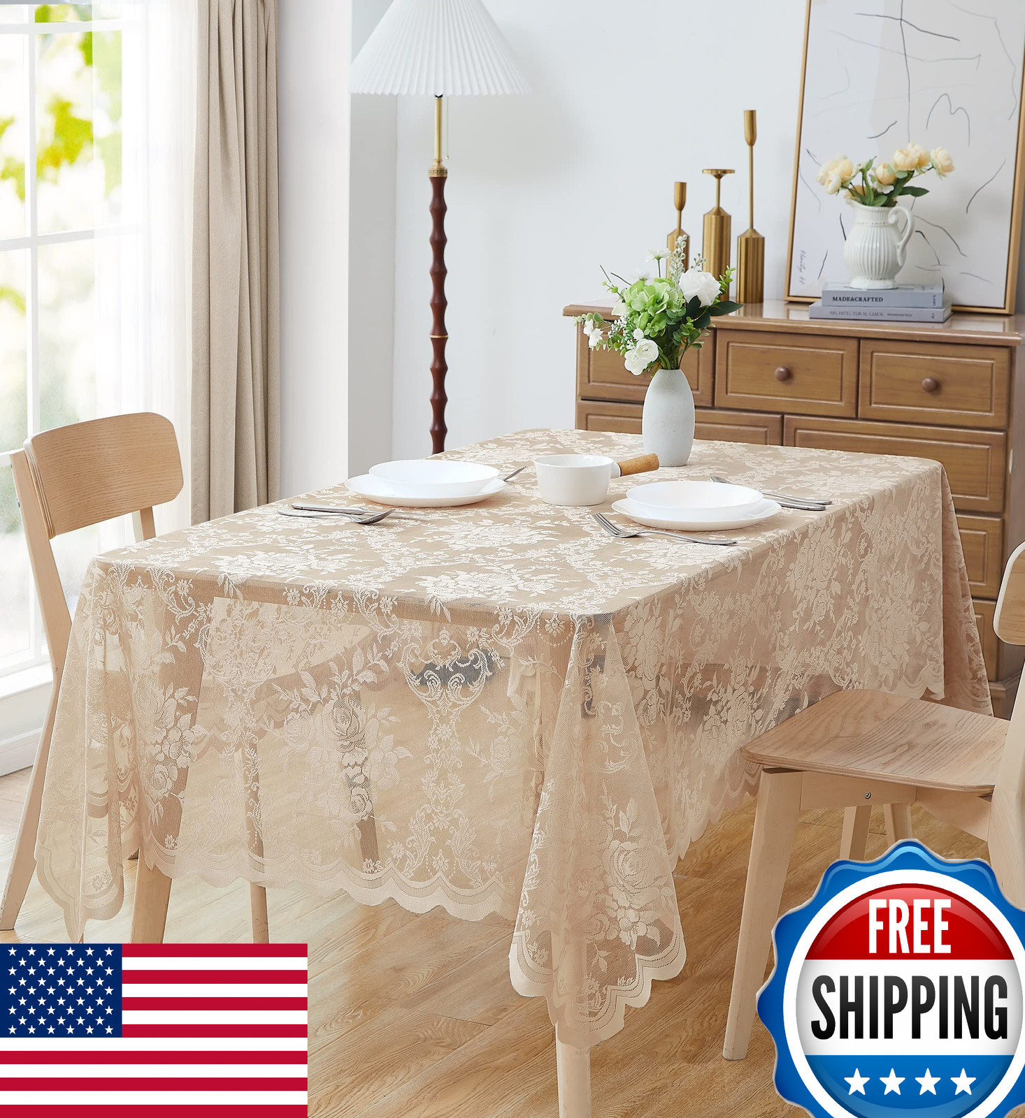 LinenZone Oblong Lace Tablecloth, Elegant Scalloped, 60"x104"