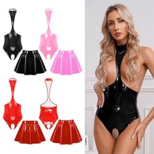 Women Bodysuit Crotchless Wet Look Teddy Lingerie Glossy Nightwear Miniskirt