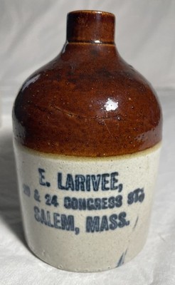 ANTIQUE MINIATURE STONEWARE ADVERTISING JUG -SALEM MASSACHESETTS
