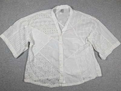 Sacred Threads Women Top Large Floral Geo Lace Patchwork Sheer Button Up