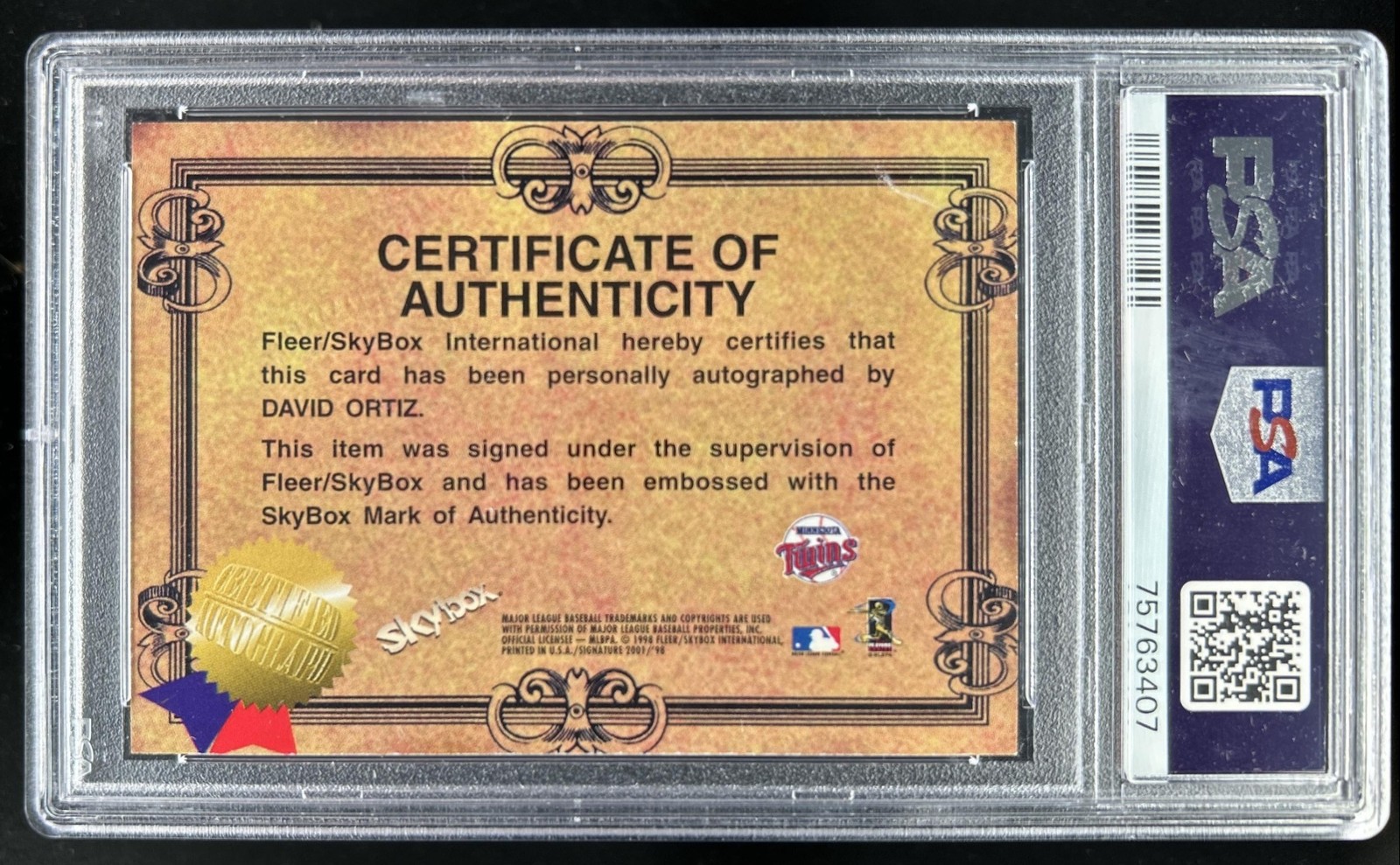 1998 Skybox E-X2001 David Ortiz Signature 2001 Auto Autograph Twins PSA 9 view 2
