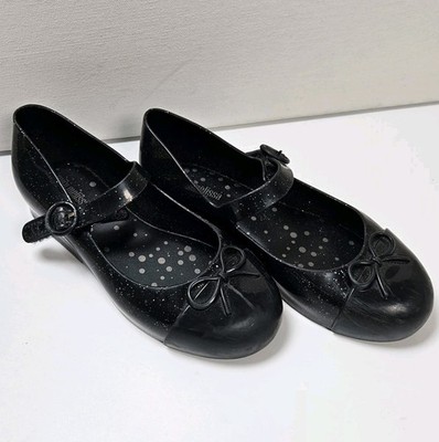 Mini Melissa Black Bow Mary Jane Rubber Shoes Sz 11 Glitter