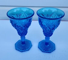 Two Imperial Glass Co. COSMOS Stem No. 474 Antique Blue Tall Water Goblets