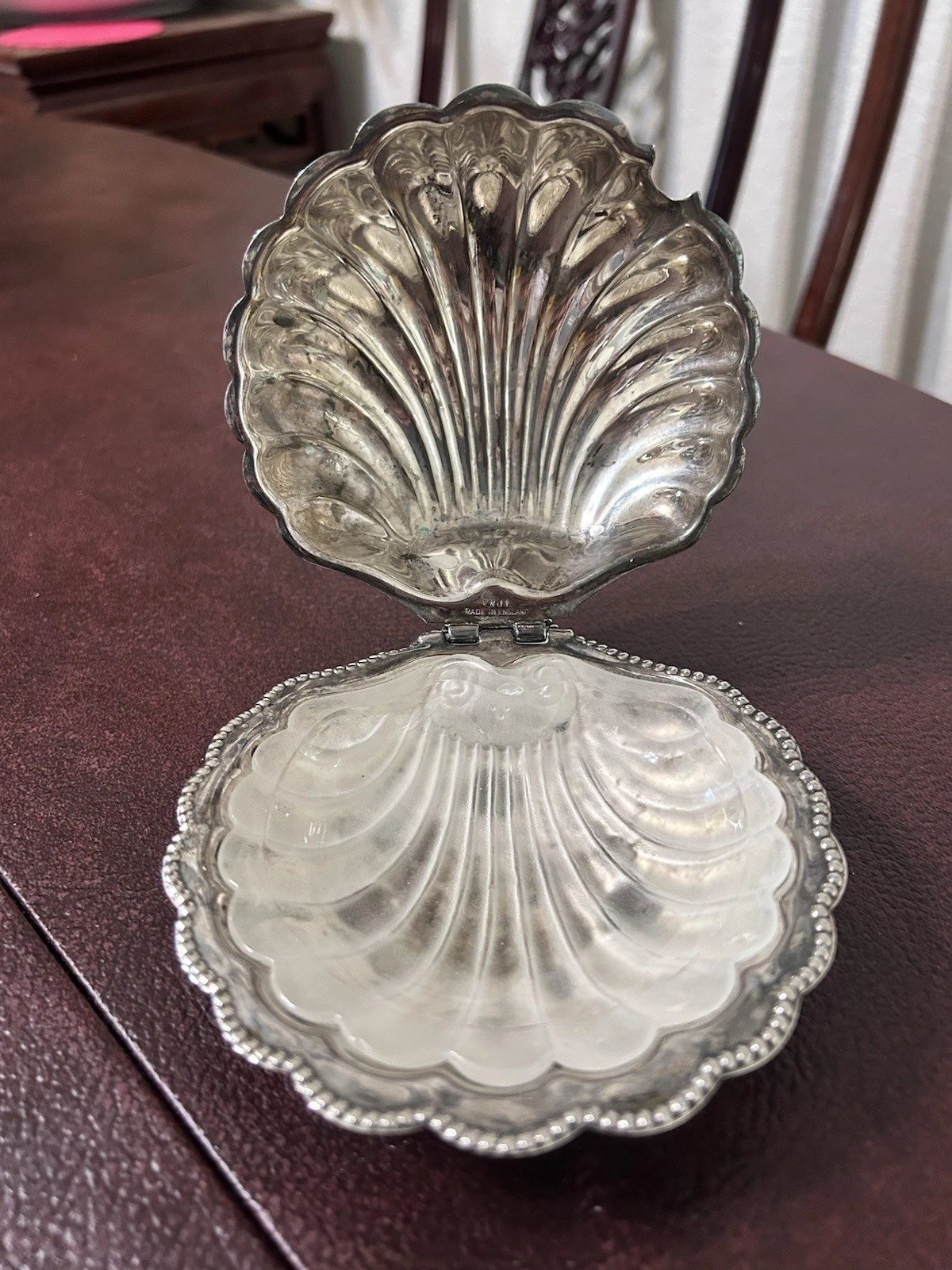 Vintage Silver Plated Clam Shell Caviar / Butter Dish with Frosted Glass Insert