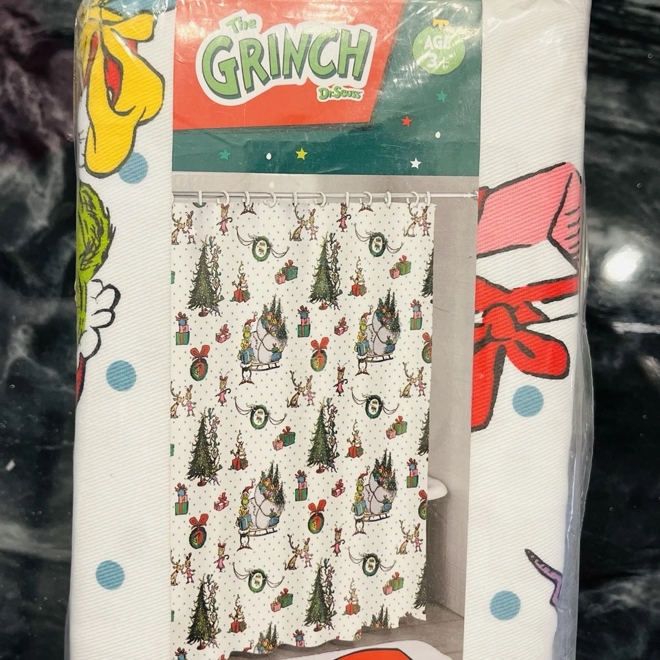 Dr. Seuss The Grinch Shower Curtain 72”x72” Christmas Santa Sleigh Max Cindy Lou - Image 2 of 4