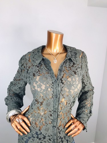 Camicia lunga Cable & Gauge M Top verde oliva full pizzo shell bottoni Slvs gemme - Foto 2 di 11