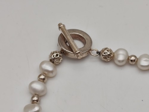 Abalone And Pearl Necklace Silver Tone Toggle Clasp 16.5" #10 - Picture 5 of 6