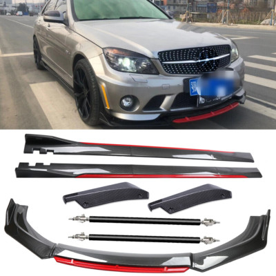 Carbon Fiber Look Red Front Lip Chin Bumper Side Skirt For Mercedes-Benz