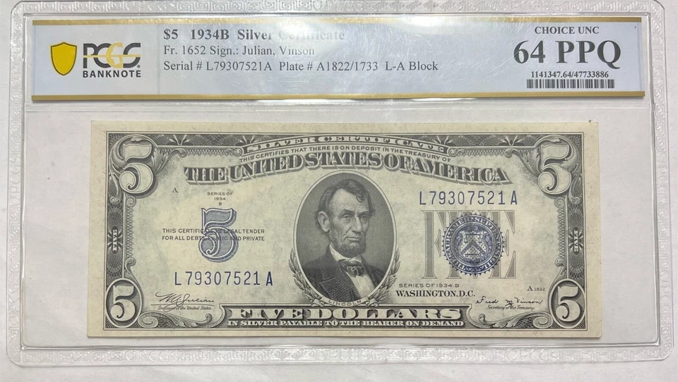 Five Dollar Silver Certificate 1934 B PCGS Choice Uncirculated PPQ $5 Fr 1652 - Image 3 of 4