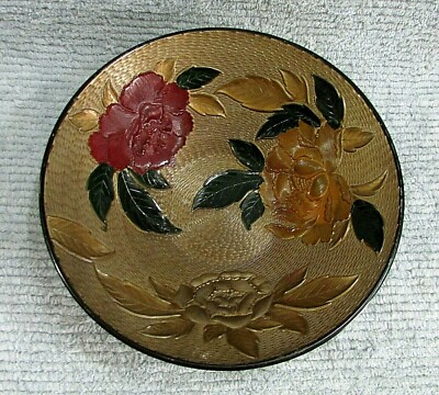 Hand Painted Gold Red Green Floral Embossed 1950's Black Plastic Bowl FREE S/H