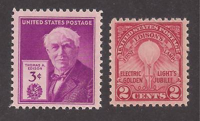 THOMAS EDISON / INVENTOR - ELECTRIC LIGHT - 2 VINTAGE U.S. STAMPS (1929 & 1947)