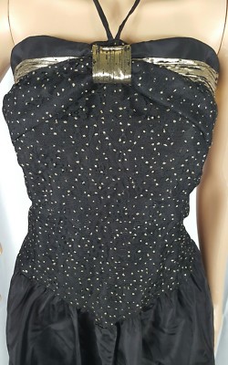 Nuance Vintage 80s Prom Dress Halter Black Gold Lame Polka Dot Bow Lace  FLAW S M | eBay
