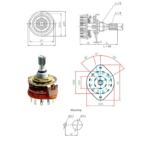 Stufenschalter 1P12T Drehschalter 1 Pole 12 Positionen 250V / 0,3A Rotary Switch - 第 3/3 張圖片