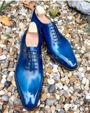 Handmade Men's Leather Blue Stylish Oxfords Dress Latest Formal Casual Shoes-306