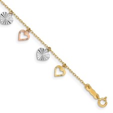 Real 14kt Tri-Color Heart Chain Bracelet; 7.25 inch