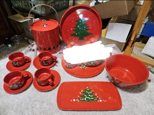 WAECHTERSBACH RED CHRISTMAS TREE LOT BOWL TRAY PLATE CUPS SAUCERS ICE BUCKET