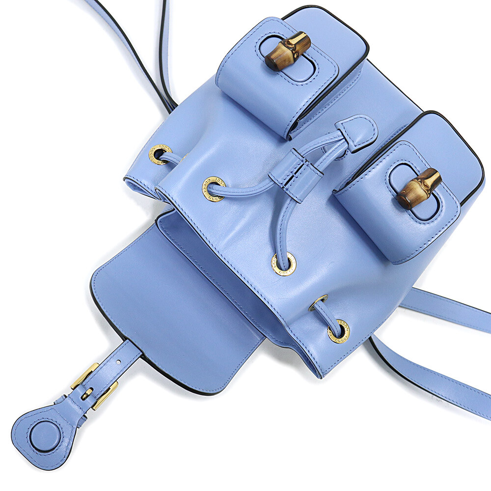 ○Gucci Bamboo Backpack Daypack Smooth Leather Light Blue Gold