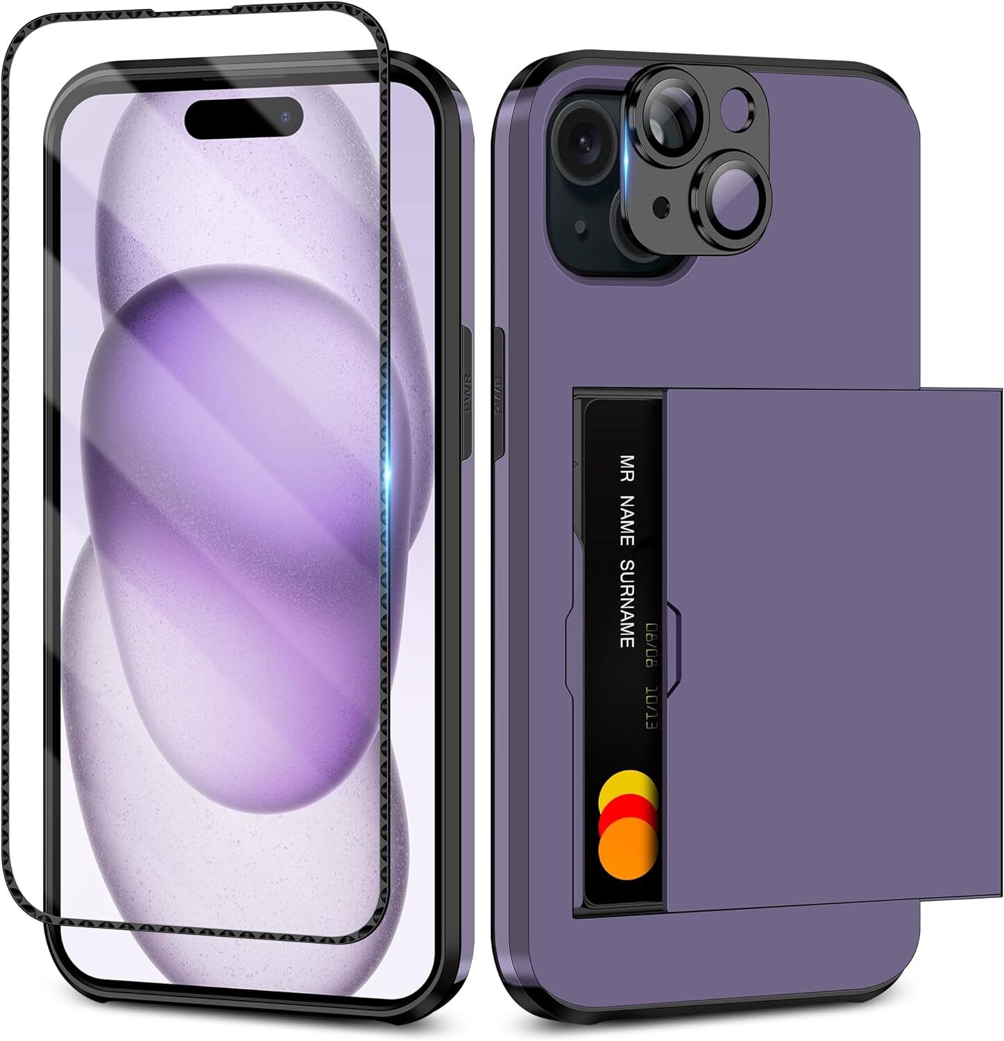 4-in-1 for iPhone 15 Wallet Case with Screen Protector & Camera Cover, Full Body