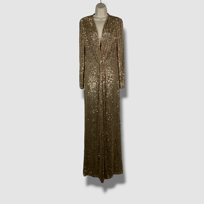 Monique Lhuillier Micro Sequin Plunging Knotted Long-Sleeve Gown, Gold, Women's, 12, Long-Sleeve Gowns