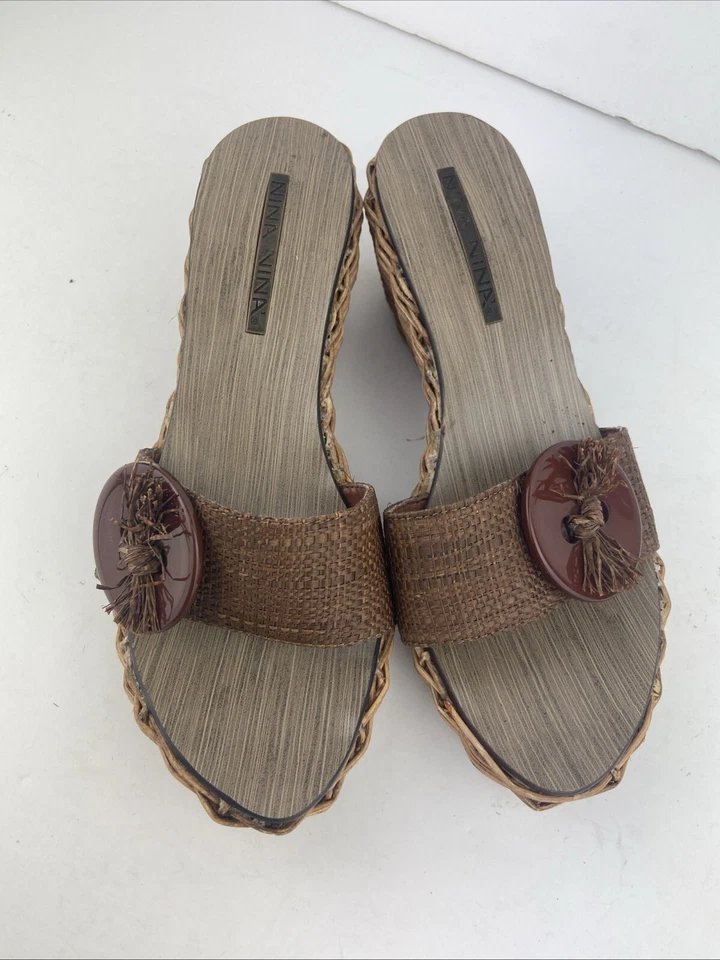 Nina Nina Women's Brown, Mid-High Wedge Heel Sandals With Button Trim UK 4. VGC. - image 2 of 4