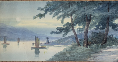 Antikes Original Aquarell Gemälde Japanische Landszene unsigniert