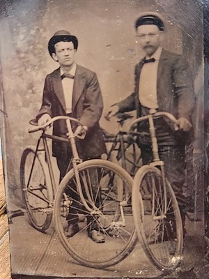 1880s 1890s Antique Tin Type Photo 2 Men Cyclist  Bicycle Bikes Geneva Racer?