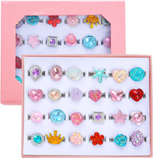 24Pcs Little Girl Jewel Rings, Adjustable, No Duplication Kids Play Ring in Box,