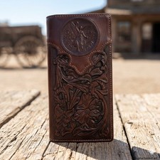Centenario Western Wallet Texas Star Handtooled Real Leather Bifold Long Brown