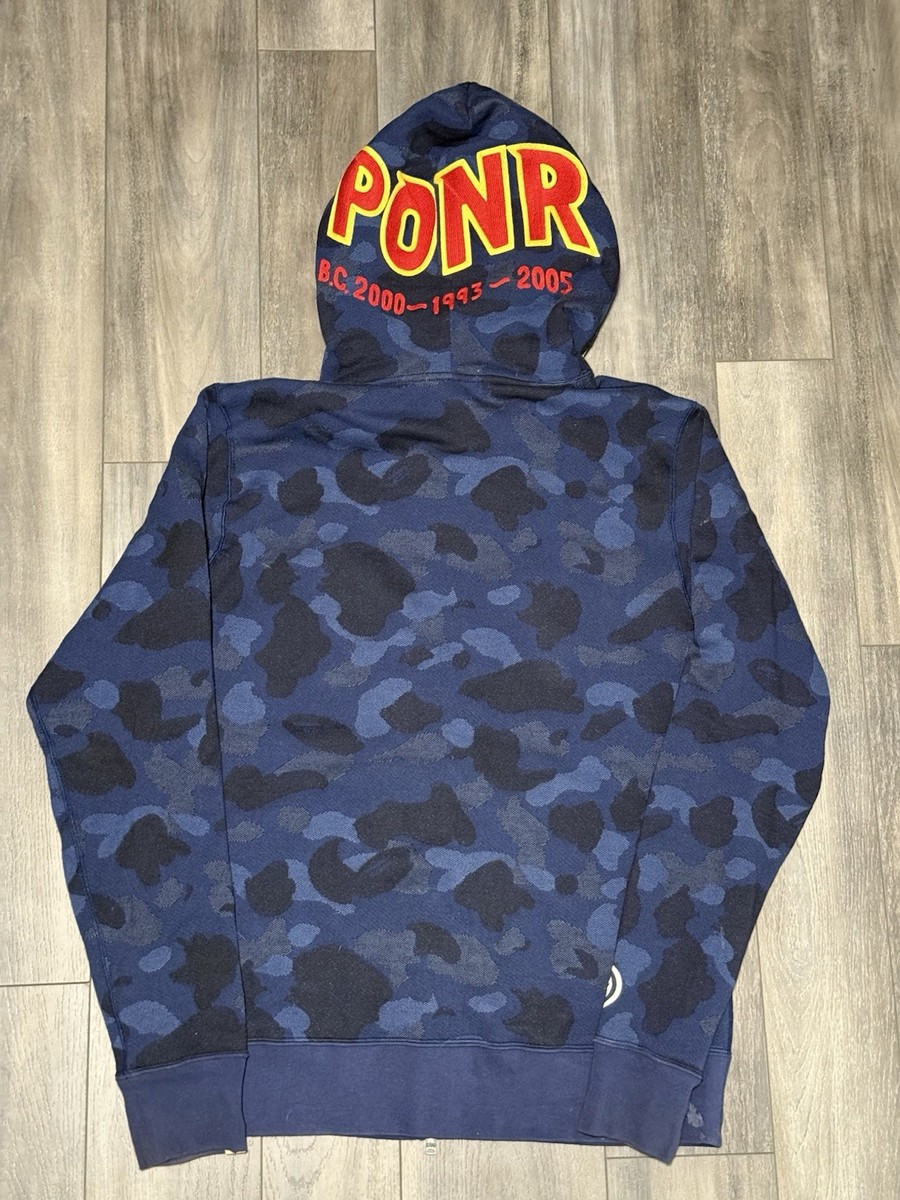 A Bathing Ape Men's Blue Camo PONR Shark Full Zip Hoodie Large