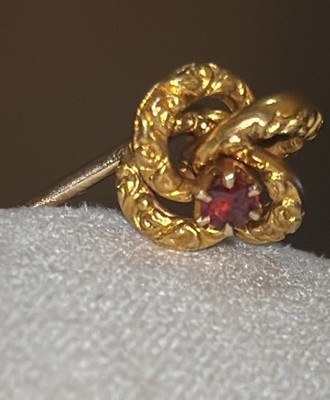 Gold-Filled Antique Stick/Lapel Pin w/ Ruby 4-Prong Setting Lover's Knot 2-5/8''